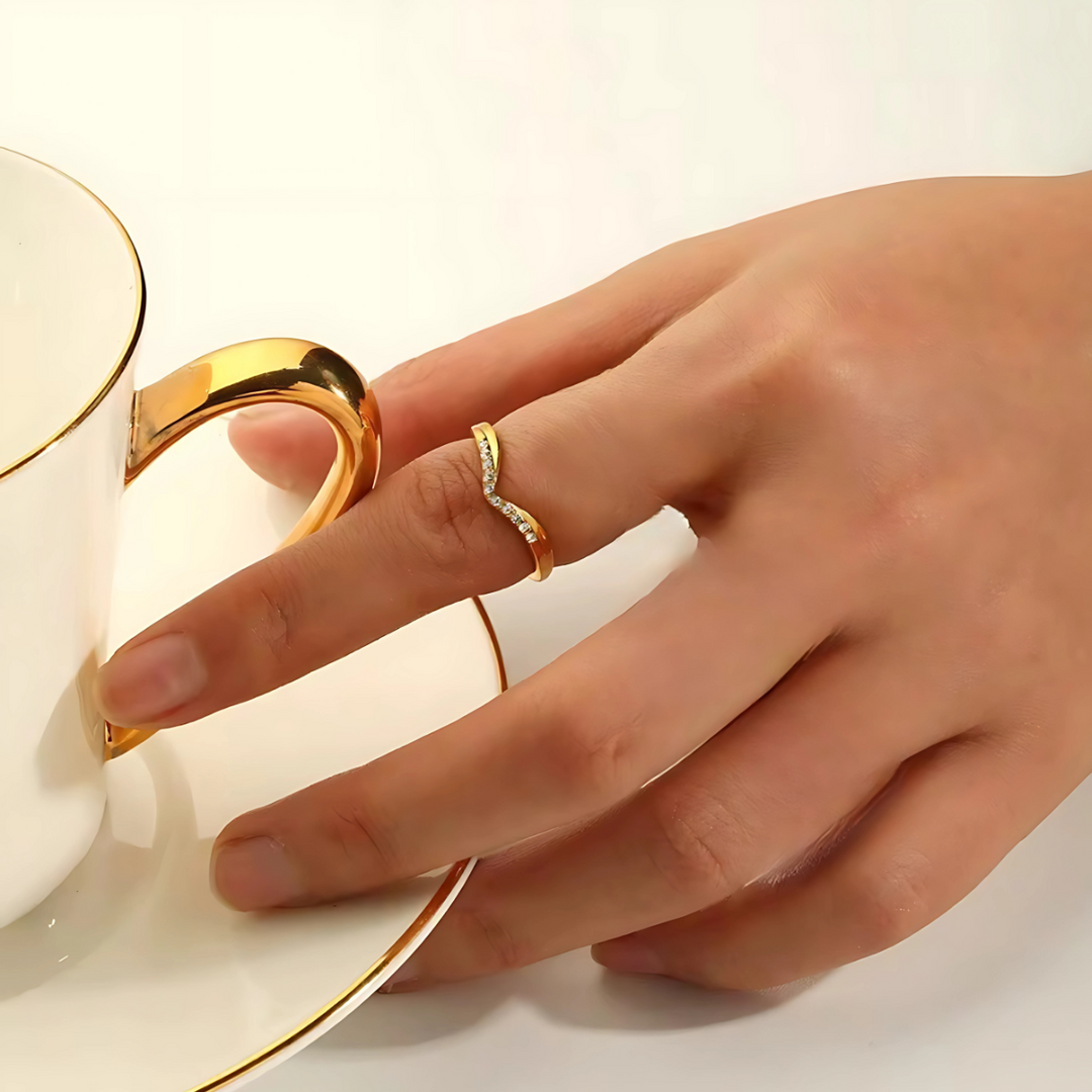 18KT Gold Plated Minimal V shaped Crystal Studded Stainless Steel Waterproof Ring, Faye