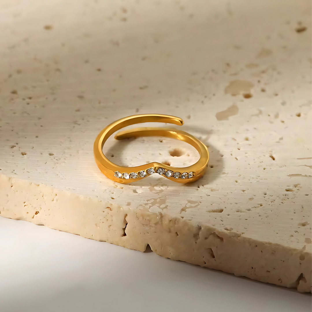 18KT Gold Plated Minimal V shaped Crystal Studded Stainless Steel Waterproof Ring, Faye