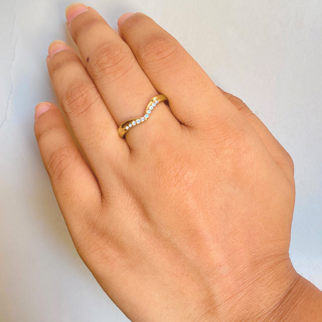 18KT Gold Plated Minimal V shaped Crystal Studded Stainless Steel Waterproof Ring, Faye