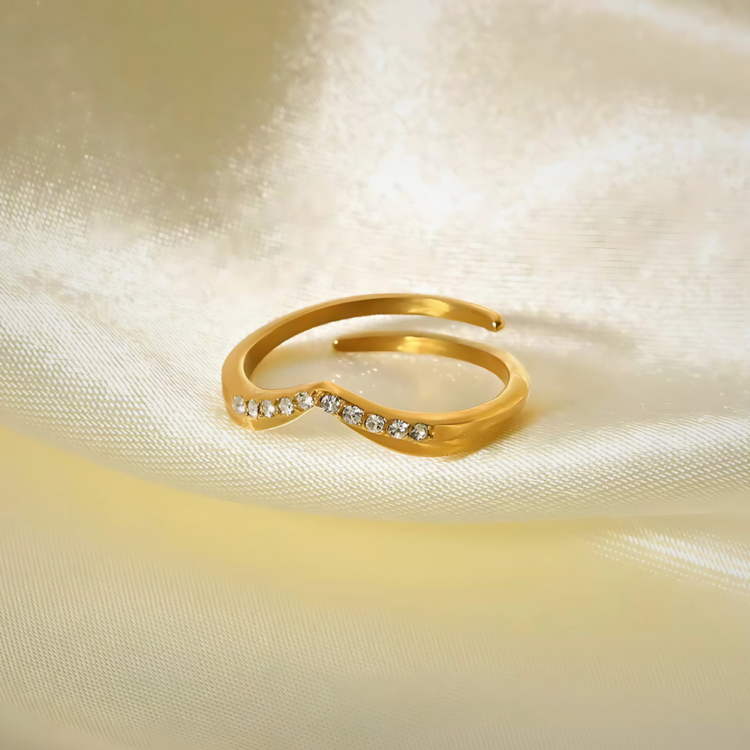 18KT Gold Plated Minimal V shaped Crystal Studded Stainless Steel Waterproof Ring, Faye