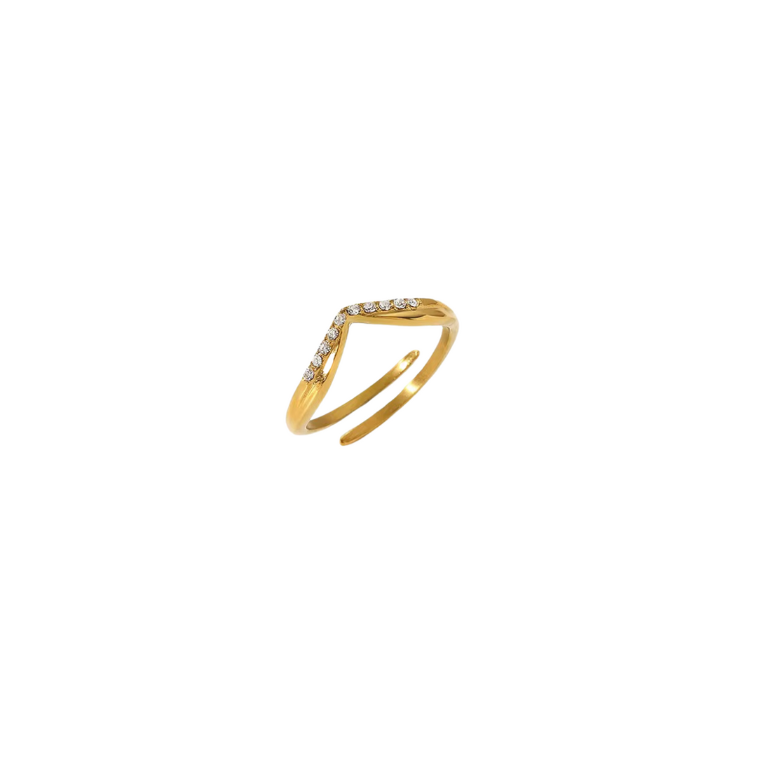 18KT Gold Plated Minimal V shaped Crystal Studded Stainless Steel Waterproof Ring, Faye