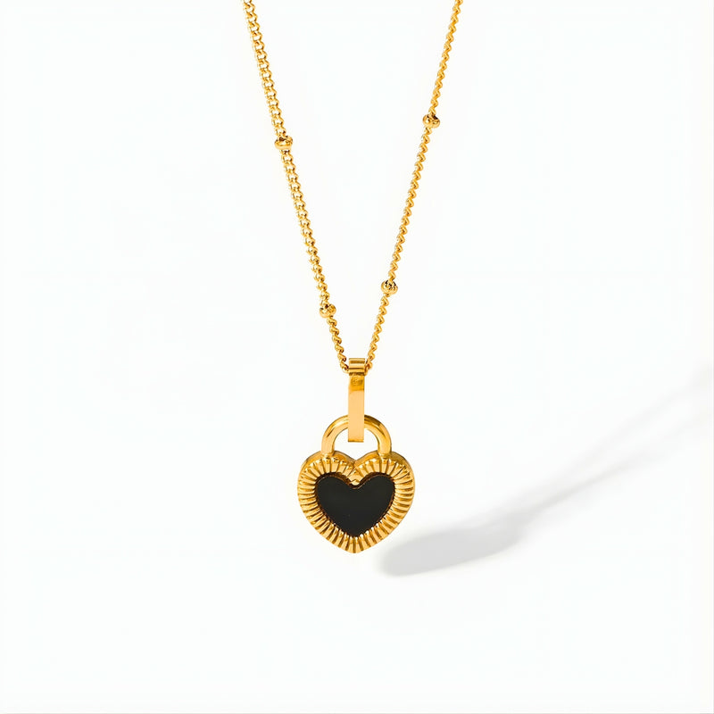 18KT Gold Plated Stainless Steel Black Enamel Heart Pendant Necklace for Women, Felicity