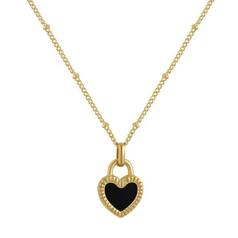 18KT Gold Plated Stainless Steel Black Enamel Heart Pendant Necklace for Women, Felicity