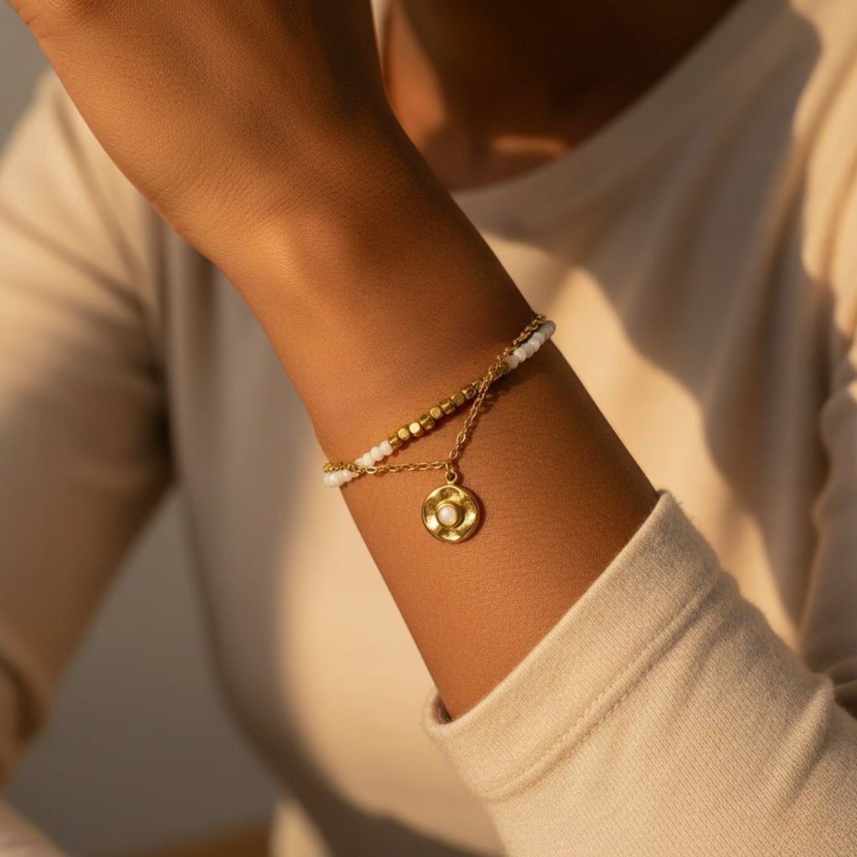 Fiesta bracelet, 18kt gold plated stainless steel white & gold retro beads & moonstone layered bracelet