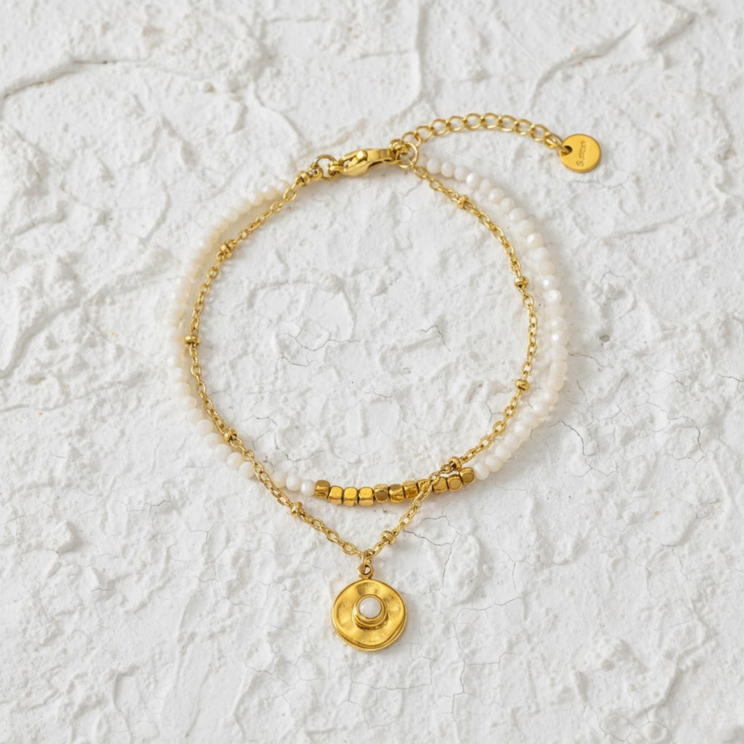 Fiesta Bracelet, 18KT Gold Plated Stainless Steel White & Gold Retro Beads & Moonstone Layered Bracelet