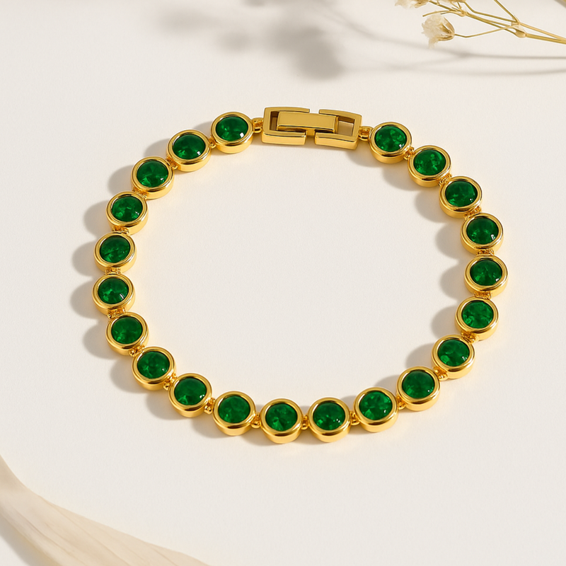 Inaya Modern Festive 18KT Gold Plated Modern Green Emerald Round Zircon Tennis Bracelet, Gaya