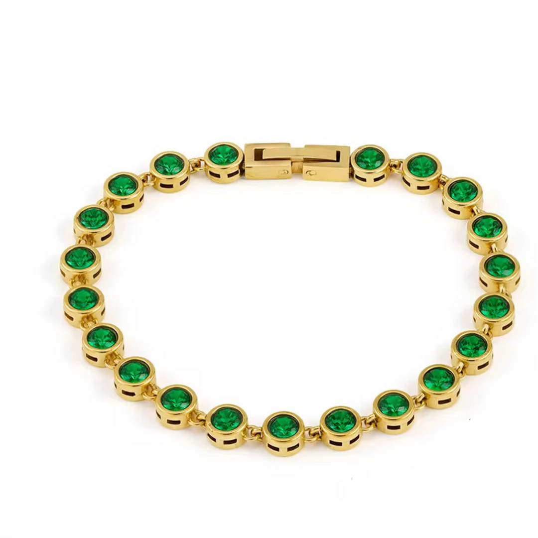 Inaya Modern Festive 18KT Gold Plated Modern Green Emerald Round Zircon Tennis Bracelet, Gaya