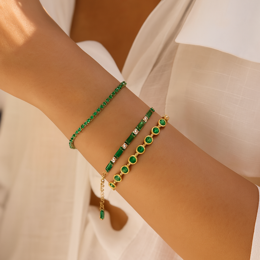 Inaya Modern Festive 18KT Gold Plated Modern Green Emerald Round Zircon Tennis Bracelet, Gaya