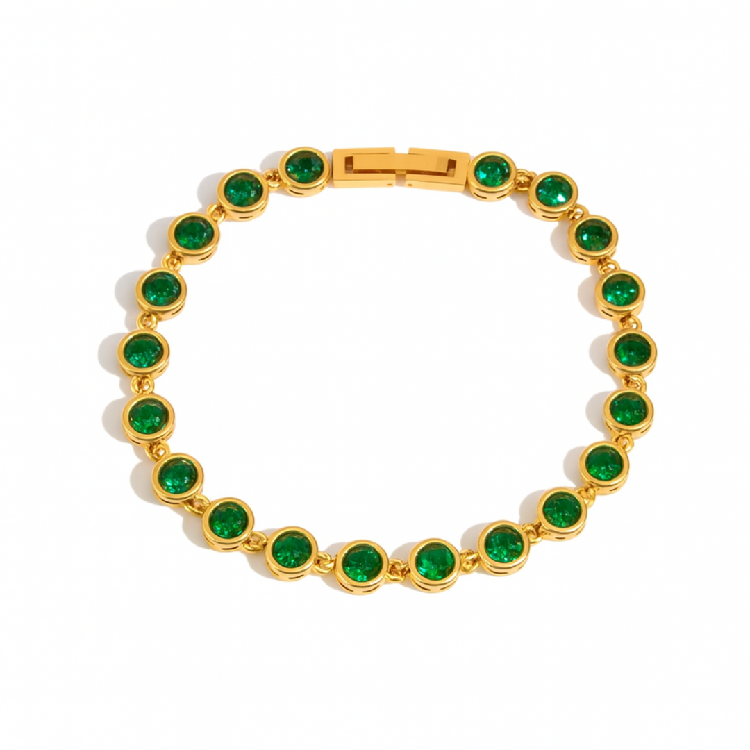 Inaya Modern Festive 18KT Gold Plated Modern Green Emerald Round Zircon Tennis Bracelet, Gaya