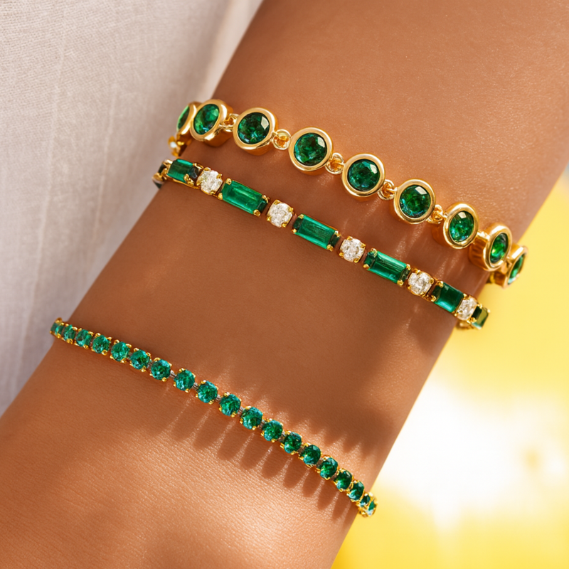 Inaya Modern Festive 18KT Gold Plated Modern Green Emerald Round Zircon Tennis Bracelet, Gaya
