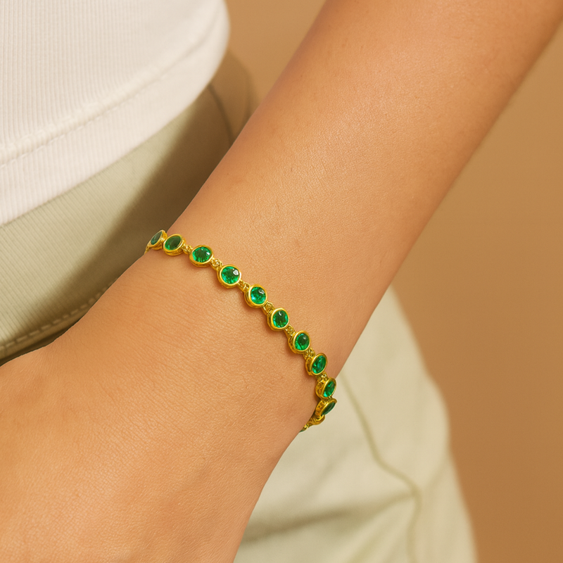 Inaya Modern Festive 18KT Gold Plated Modern Green Emerald Round Zircon Tennis Bracelet, Gaya