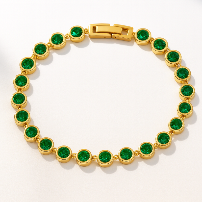 Inaya Modern Festive 18KT Gold Plated Modern Green Emerald Round Zircon Tennis Bracelet, Gaya