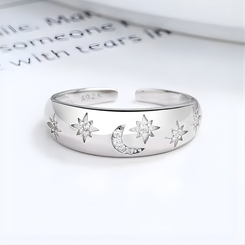 18KT Gold Plated Brass Crescent Moon and Star Wide Band Ring for Women, Genevieve