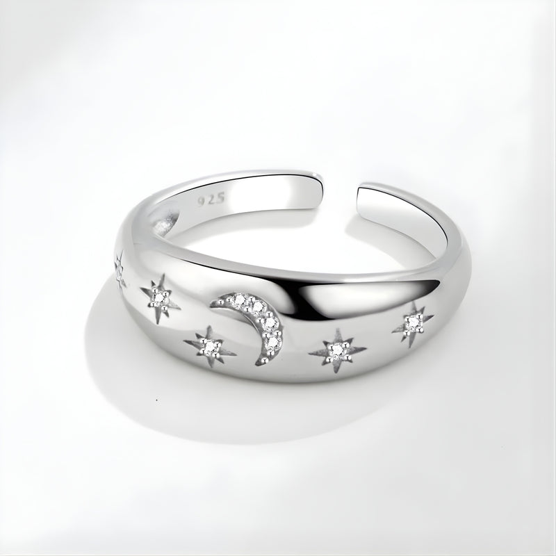 18KT Gold Plated Brass Crescent Moon and Star Wide Band Ring for Women, Genevieve