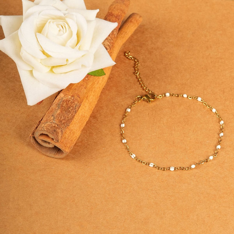 18 KT Gold Plated Set of 2 Stainless Steel Dainty White Rolo Bead Necklace & Bracelet, Talia & Gretchen
