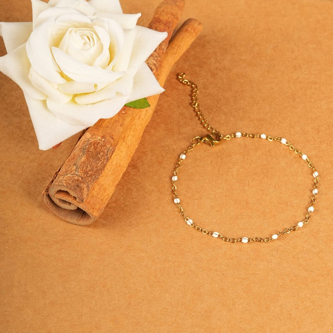 18 KT Gold Plated Set of 2 Stainless Steel Dainty White Rolo Bead Necklace & Bracelet, Talia & Gretchen