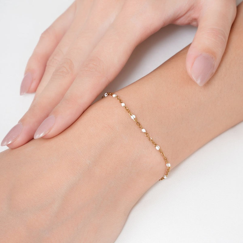 18 KT Gold Plated Stainless Steel Dainty White Rolo Bead Bracelet, Gretchen
