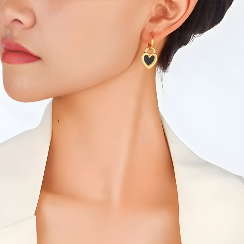 18KT Gold Plated Stainless Steel Black Enamel Heart Dangle Hoop Earrings for Women, Harriet