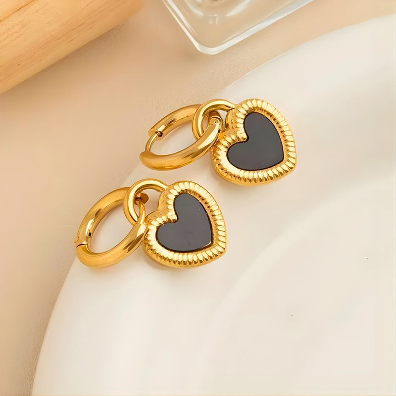 18KT Gold Plated Stainless Steel Black Enamel Heart Dangle Hoop Earrings for Women, Harriet