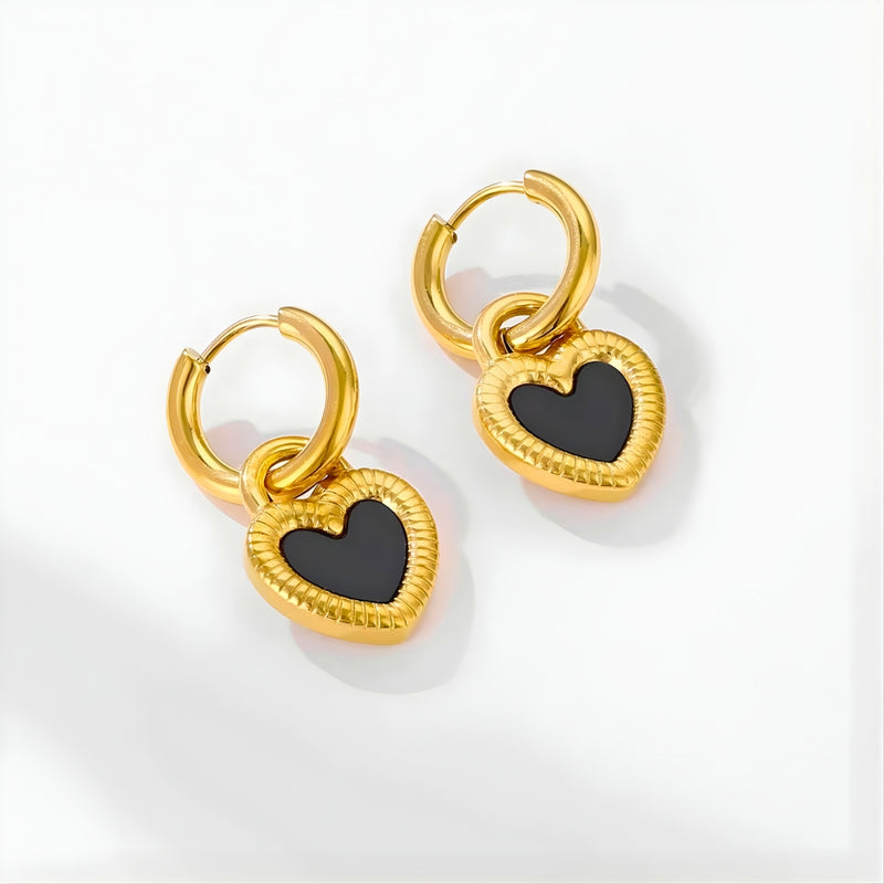 18KT Gold Plated Stainless Steel Black Enamel Heart Dangle Hoop Earrings for Women, Harriet