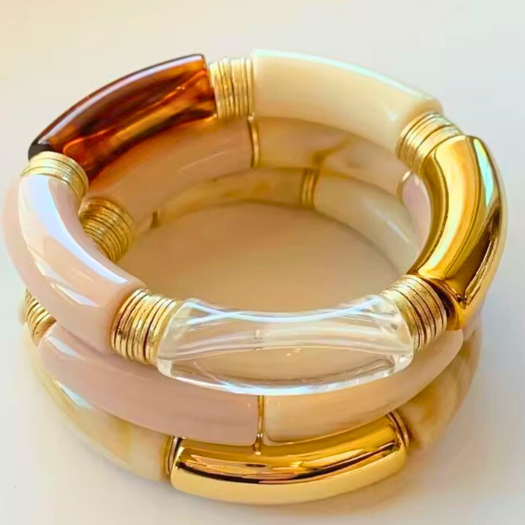 18KT Gold Plated Acrylic Brown & White Bead Bracelet, Haze