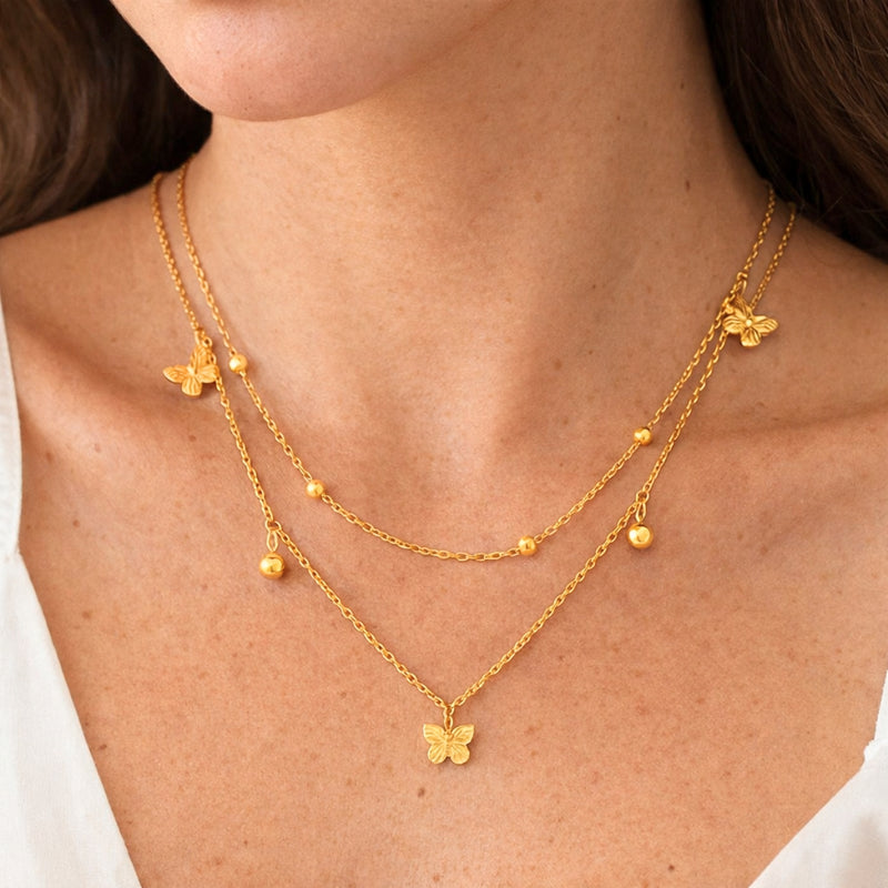 18KT Gold Plated Stainless Steel Layered Butterfly Charm Necklace with Beaded Ball Chain, Hyacinth