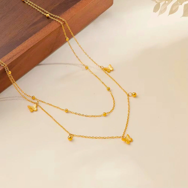 18KT Gold Plated Stainless Steel Layered Butterfly Charm Necklace with Beaded Ball Chain, Hyacinth