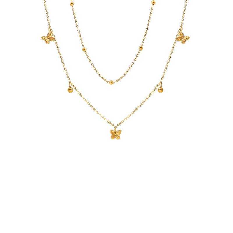 18KT Gold Plated Stainless Steel Layered Butterfly Charm Necklace with Beaded Ball Chain, Hyacinth