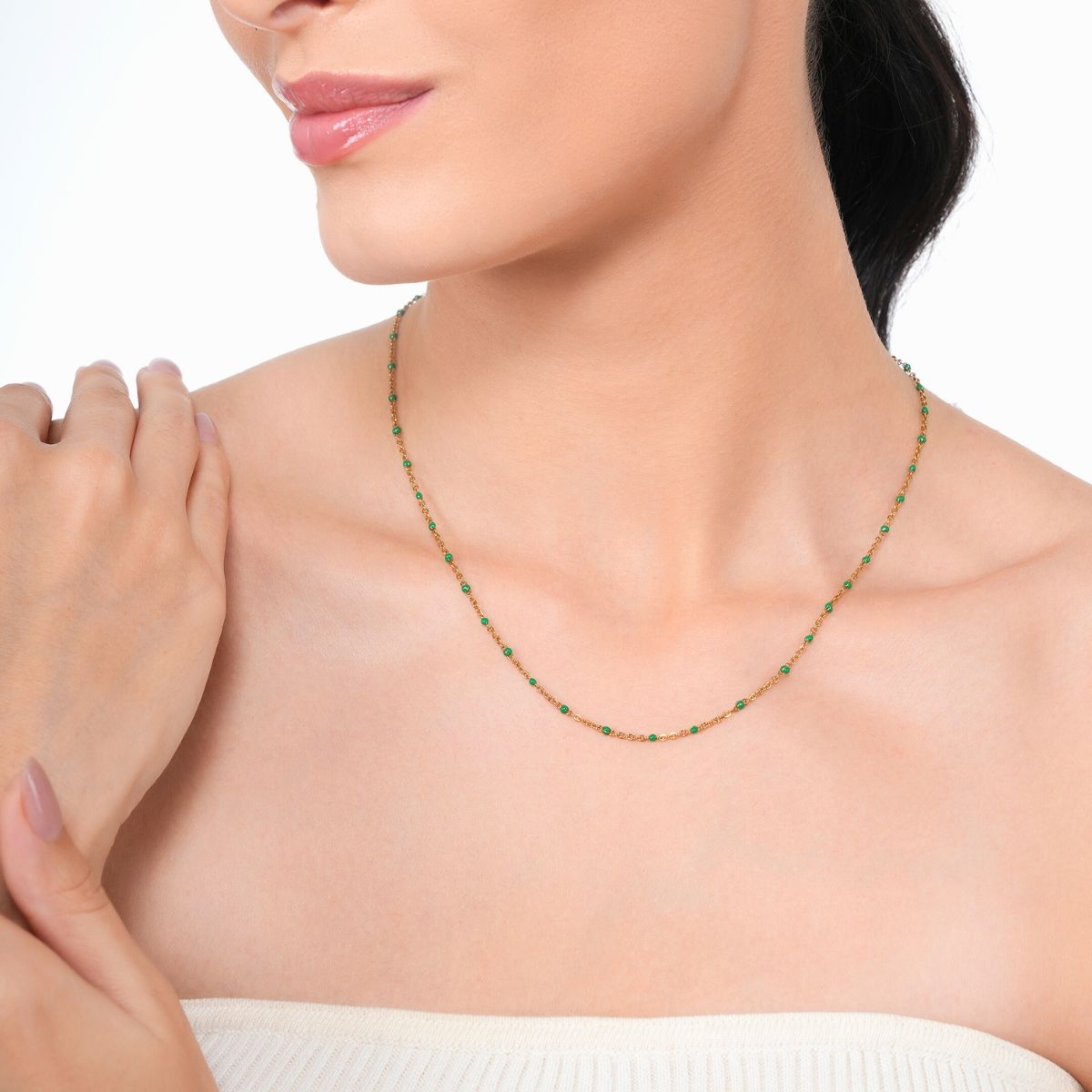 18 kt gold plated stainless steel dainty green rolo bead necklace, indie