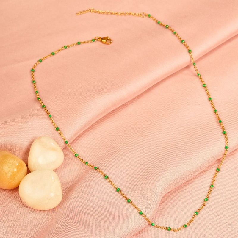 18 KT Gold Plated Stainless Steel Dainty Green Rolo Bead Necklace, Indie