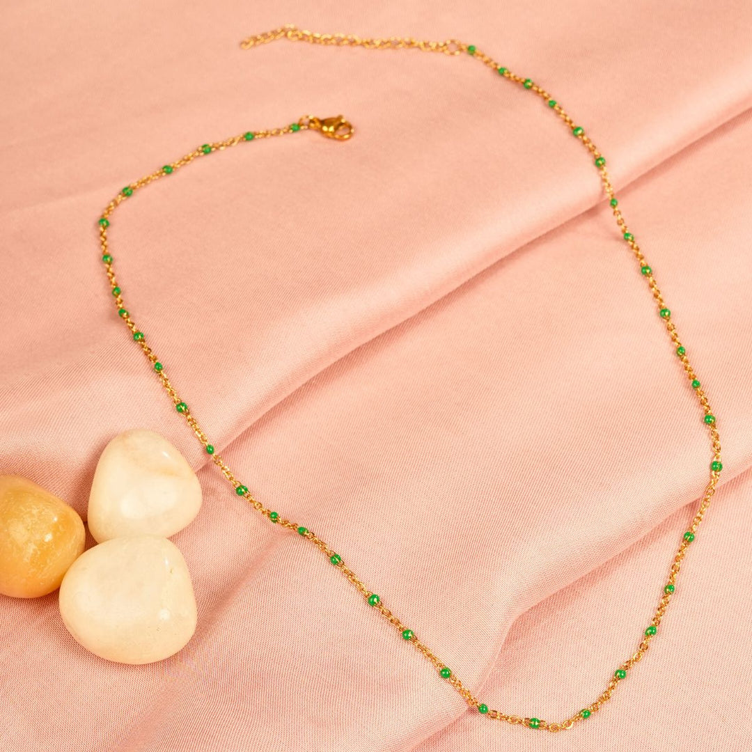 18kt Gold Plated Set of 2 Stainless Steel Dainty Green and Blue Rolo Bead Necklace & Bracelet, Indie & Aqua