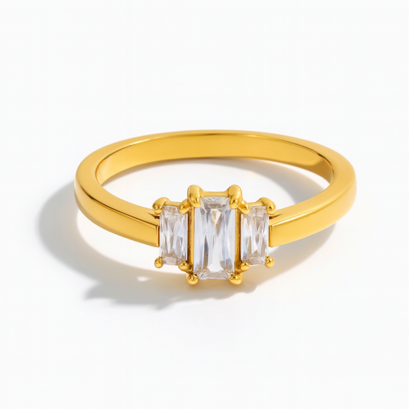 Inaya Modern Festive 18KT Gold Plated Tripple Baguette White Zircon Solitaire Finger Ring, Isha