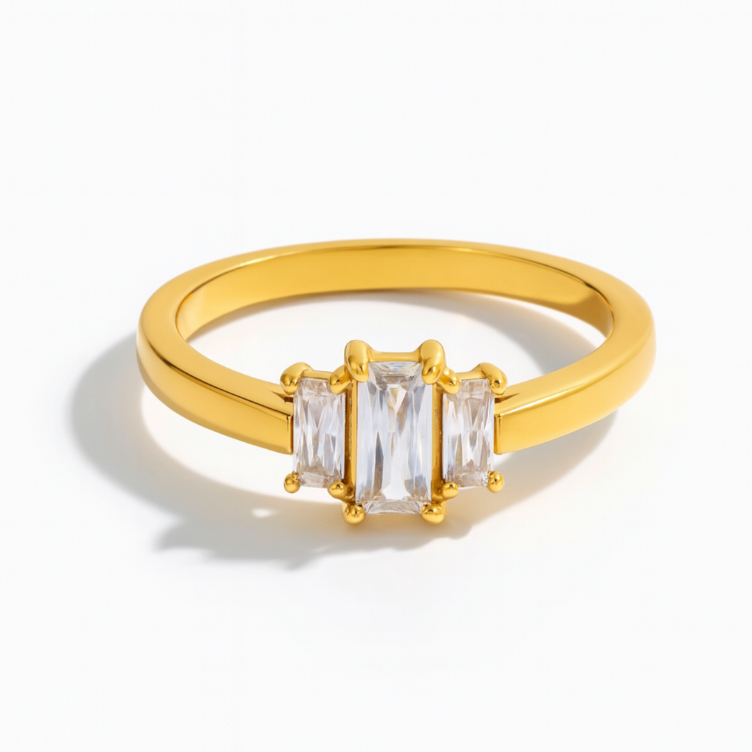Inaya Modern Festive 18KT Gold Plated Tripple Baguette White Zircon Solitaire Finger Ring, Isha