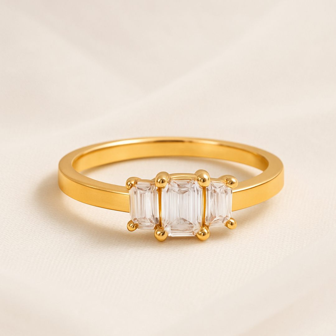 Inaya Modern Festive 18KT Gold Plated Tripple Baguette White Zircon Solitaire Finger Ring, Isha