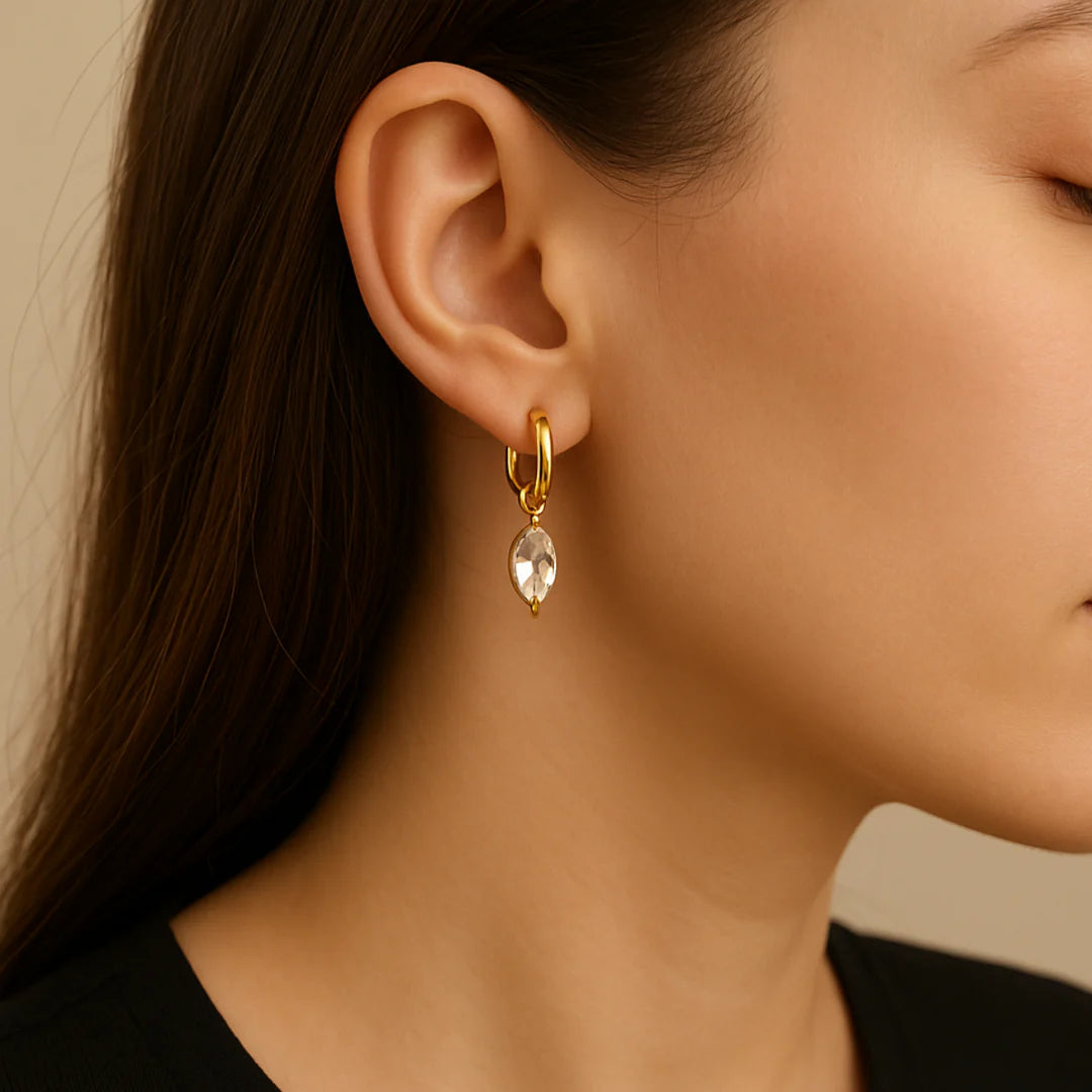 18KT Gold Plated Statement Minimal Waterdrop Charm Stainless Steel Waterproof Earrings, Jade