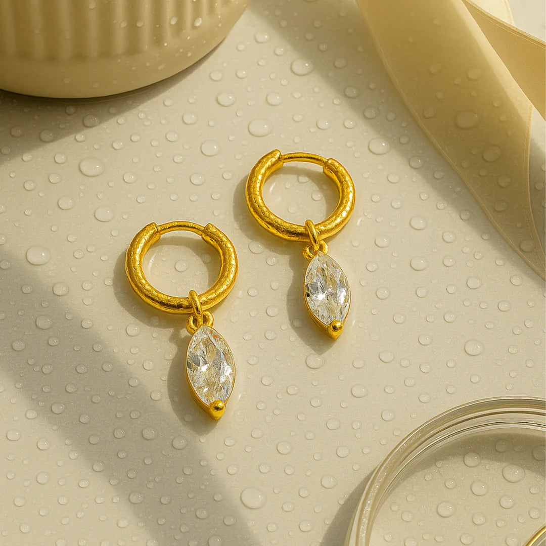 18KT Gold Plated Statement Minimal Waterdrop Charm Stainless Steel Waterproof Earrings, Jade