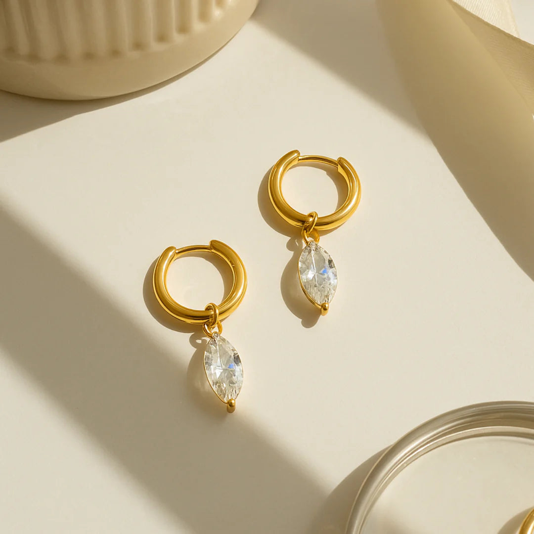 18KT Gold Plated Statement Minimal Waterdrop Charm Stainless Steel Waterproof Earrings, Jade