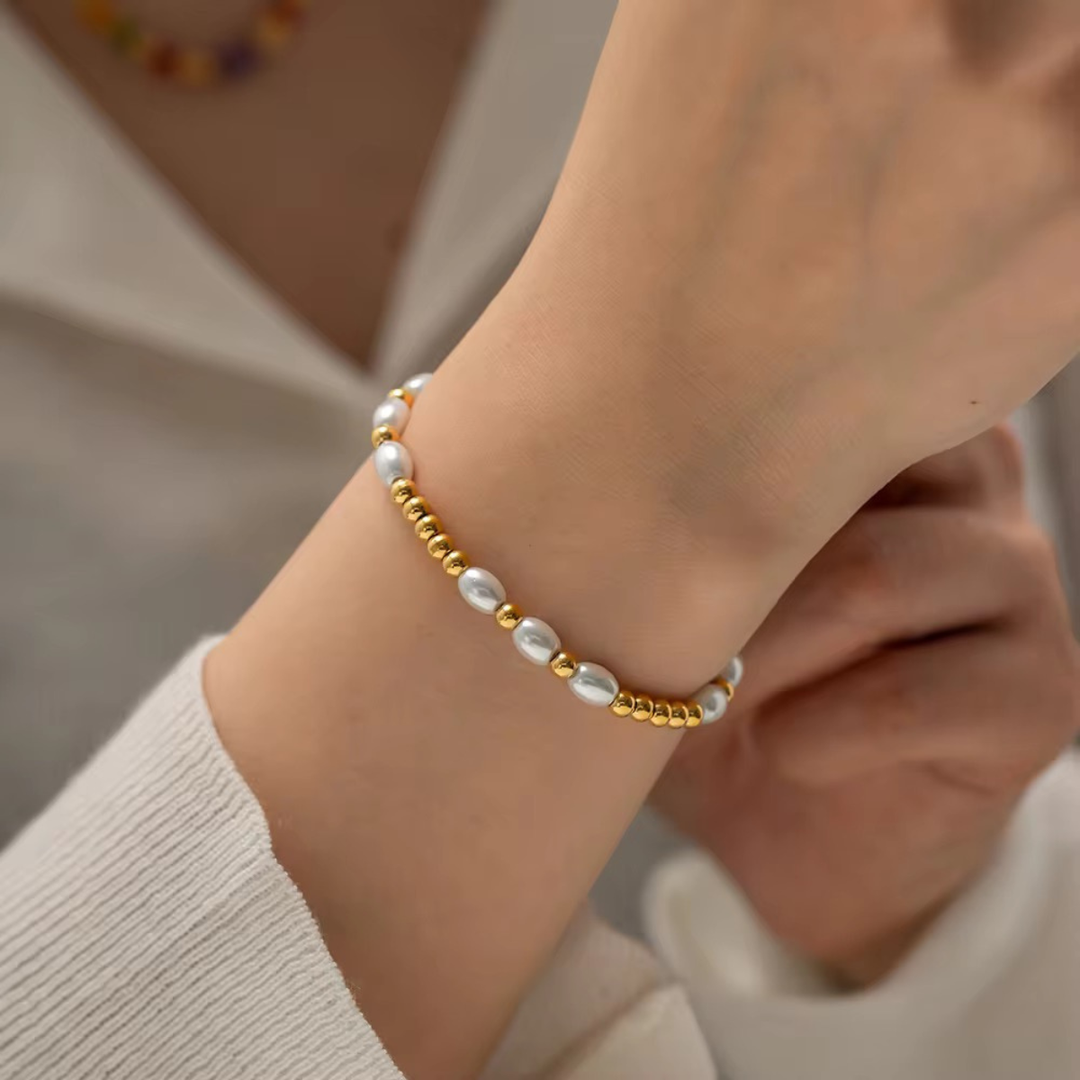 Joy Bracelet, 18KT Gold Plated Stainless Steel Pearls & Gold Beads Bracelet