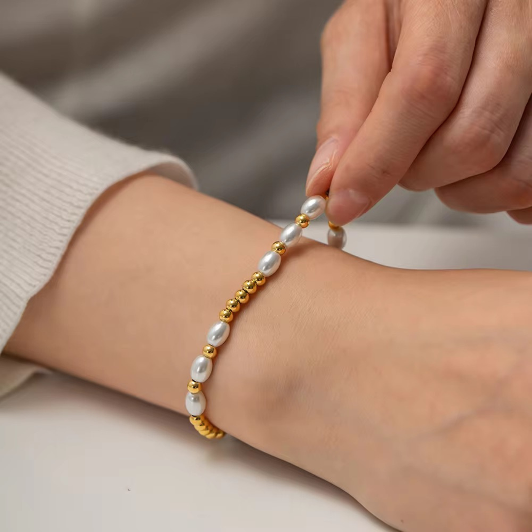 Joy Bracelet, 18KT Gold Plated Stainless Steel Pearls & Gold Beads Bracelet