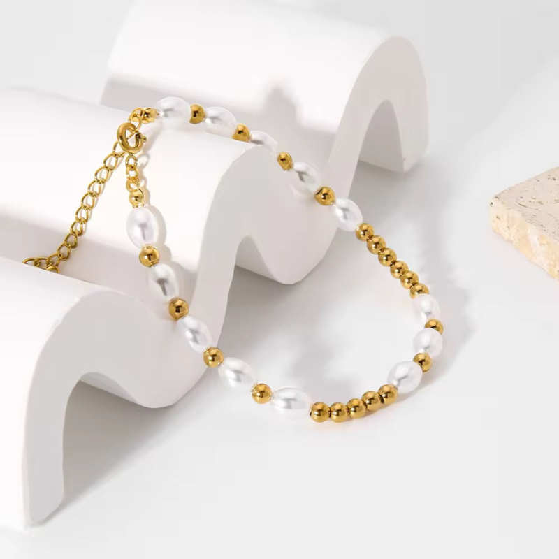 Joy Bracelet, 18KT Gold Plated Stainless Steel Pearls & Gold Beads Bracelet