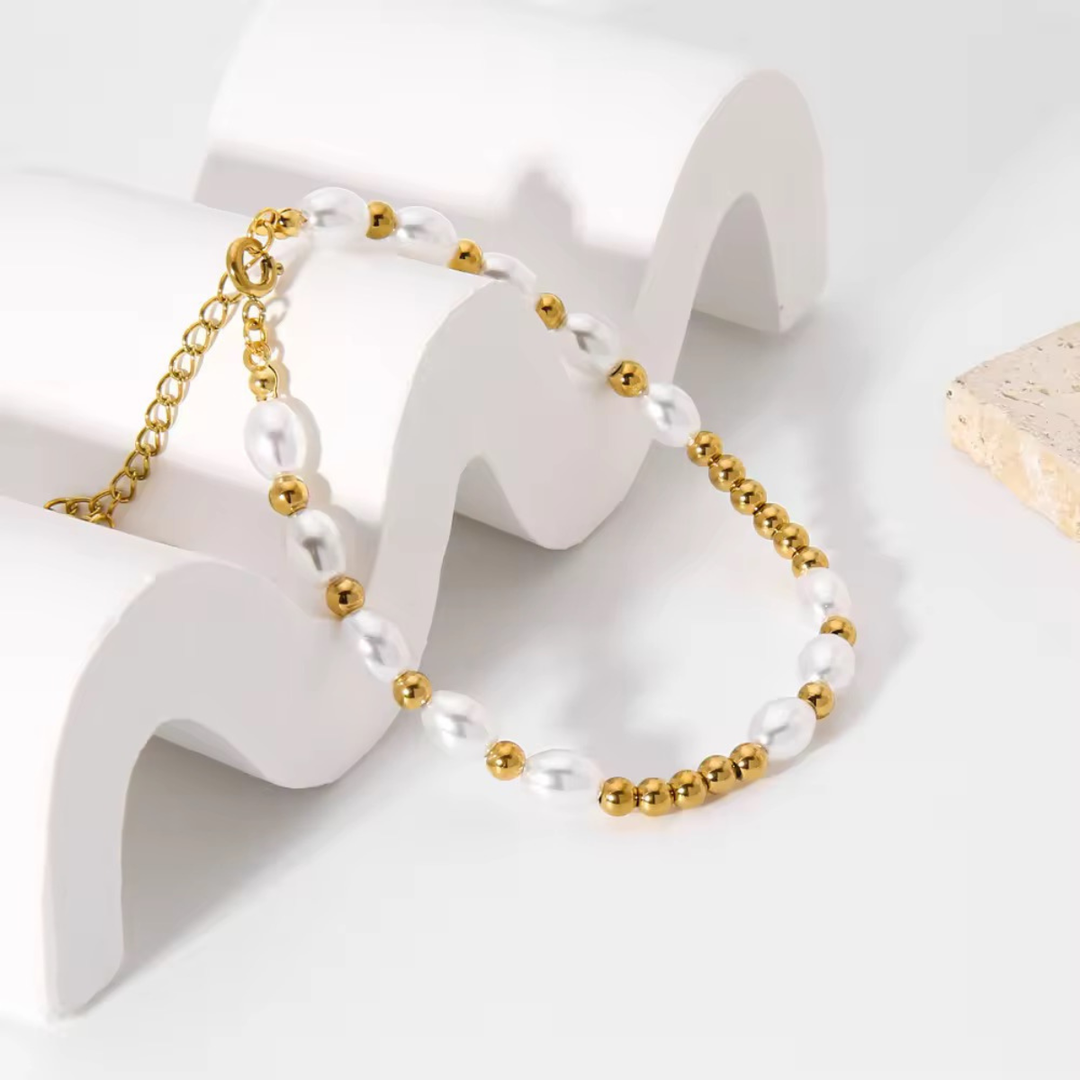 Joy Bracelet, 18KT Gold Plated Stainless Steel Pearls & Gold Beads Bracelet