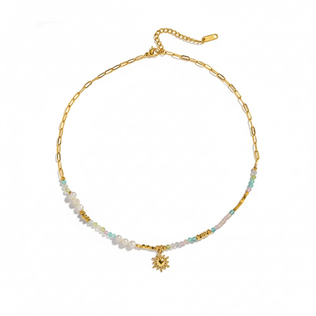Juliana Necklace, 18KT Gold Plated Stainless Steel Freshwater Pearls & Rainbow Gemstones Sun Pendant Necklace