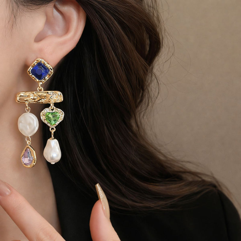 18KT Gold Plated Multi Gemstone Heart & Pearl Chandelier Earrings, Juno