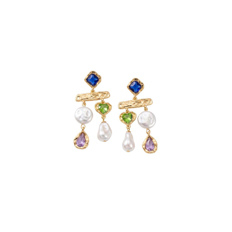 18KT Gold Plated Multi Gemstone Heart & Pearl Chandelier Earrings, Juno