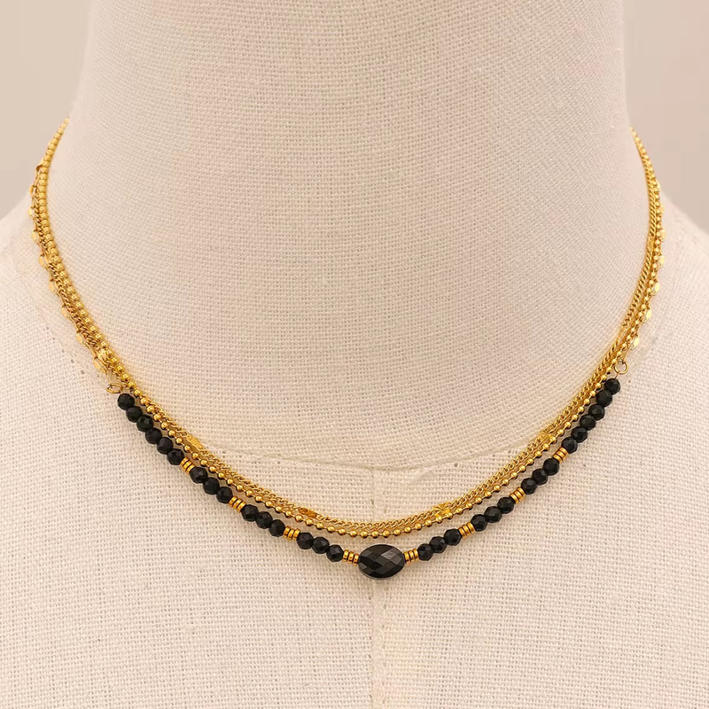 Kaleido Necklace, 18KT Gold Plated Stainless Steel Triple Layered Black Crystal Stone & Beads Necklace