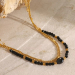Load image into Gallery viewer, Kaleido Necklace, 18KT Gold Plated Stainless Steel Triple Layered Black Crystal Stone &amp; Beads Necklace
