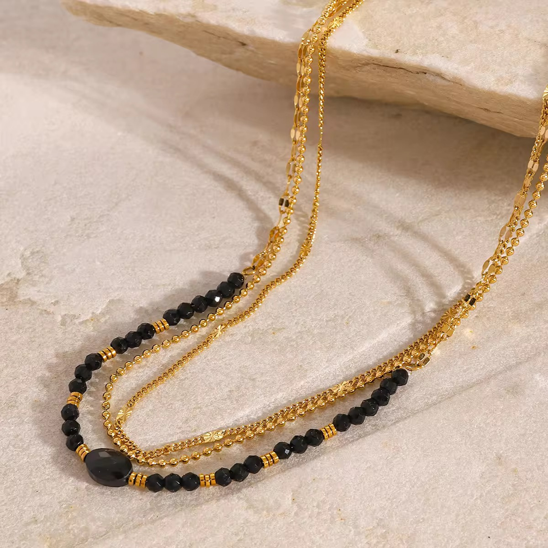 Kaleido Necklace, 18KT Gold Plated Stainless Steel Triple Layered Black Crystal Stone & Beads Necklace