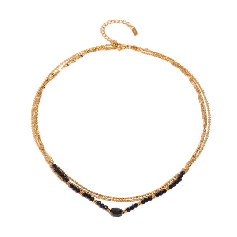 Kaleido Necklace, 18KT Gold Plated Stainless Steel Triple Layered Black Crystal Stone & Beads Necklace