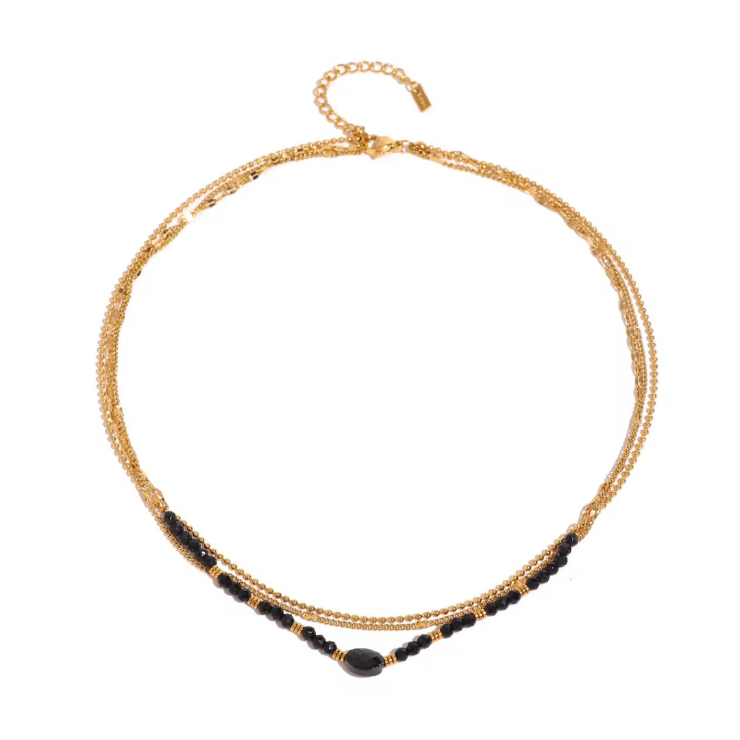 Kaleido Necklace, 18KT Gold Plated Stainless Steel Triple Layered Black Crystal Stone & Beads Necklace