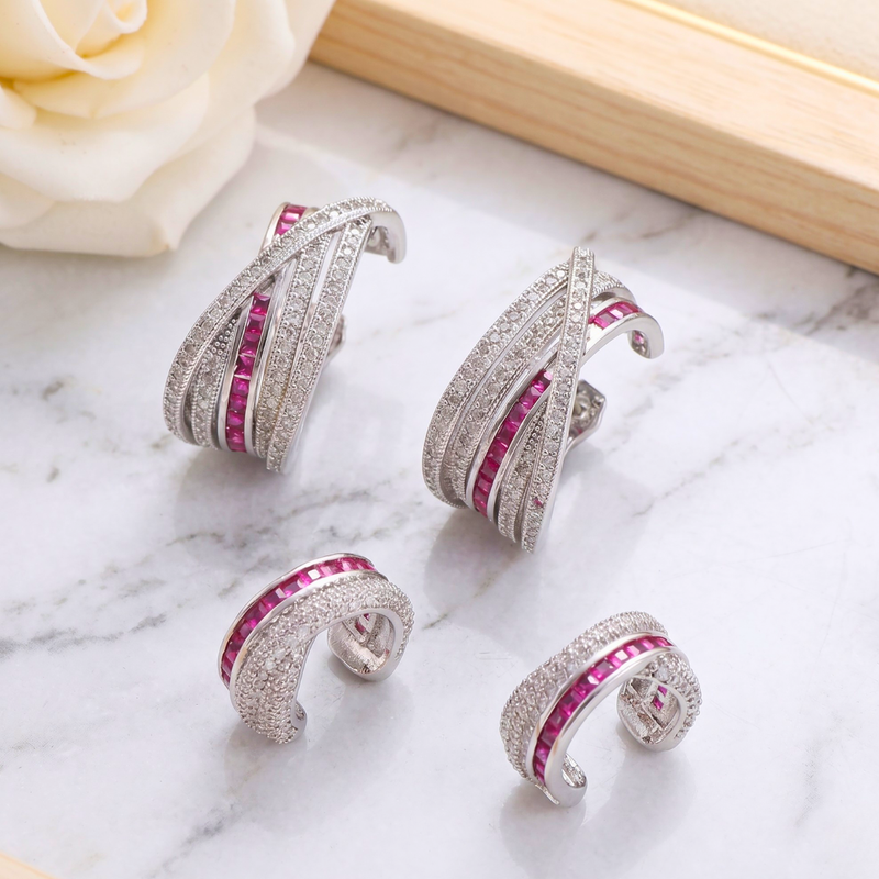 Modern Ruby & CZ Criss-Cross Jacket Earring with Matching Cuff Set, Kiana